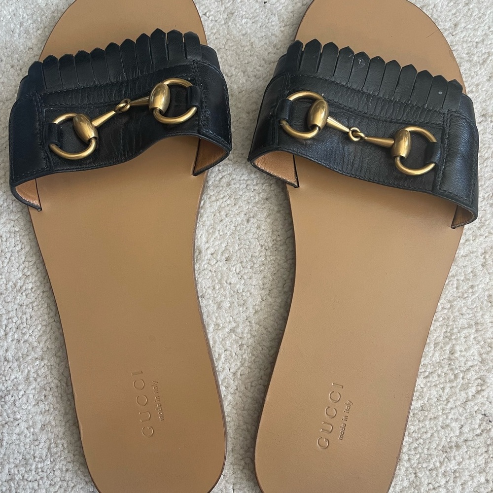 Gucci slide, Gucci fringe leather Horsebit slides, sandals,size 39.5